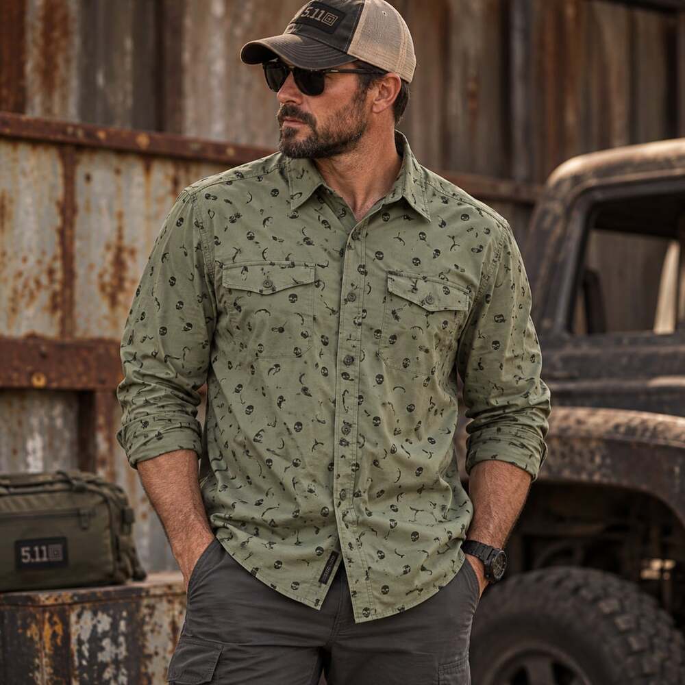 5.11 Tactical Green Shirt Sz L Grunge Alternative Skulls Utility Grubby Rebellio
